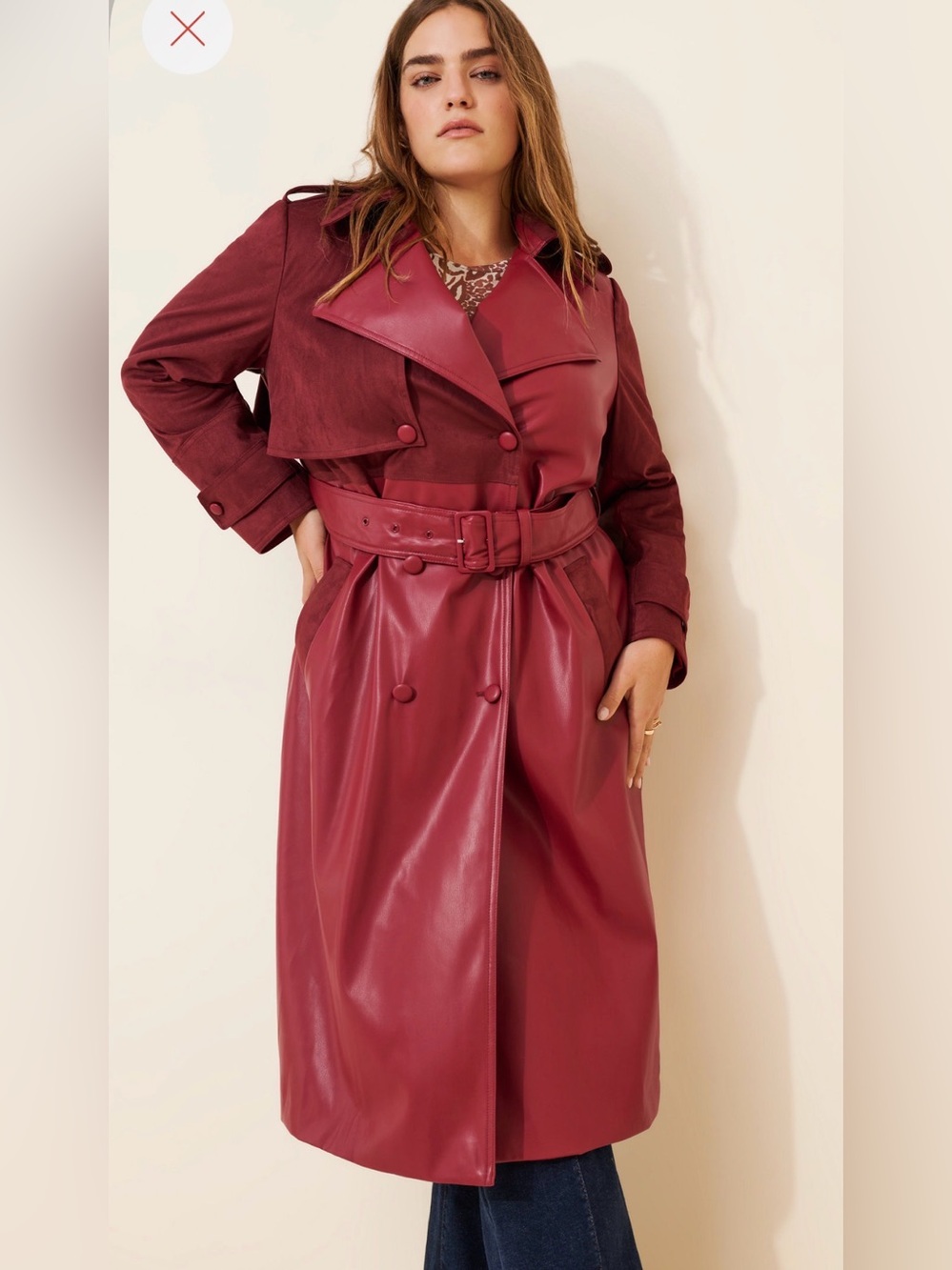 Hutch Stacia Mixed Media Coat Burgundy Wine Faux Leather & Suede H18